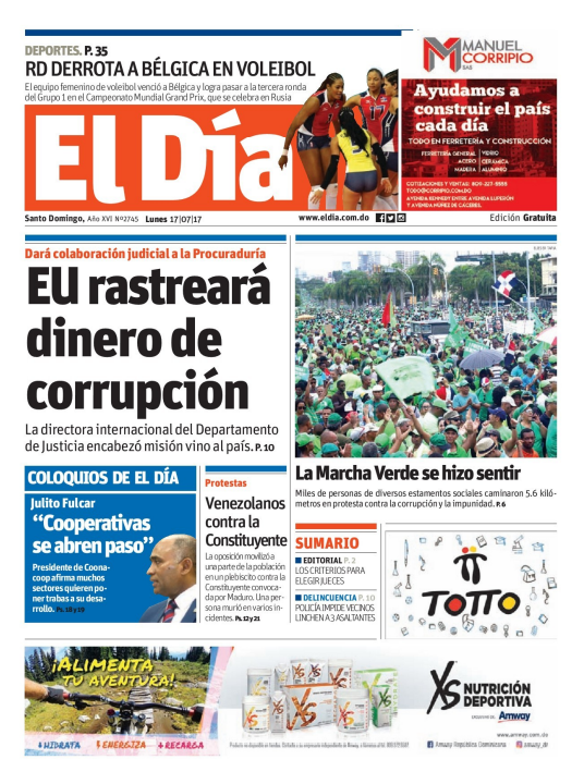 Portada El Día, Lunes 17 de Julio 2017