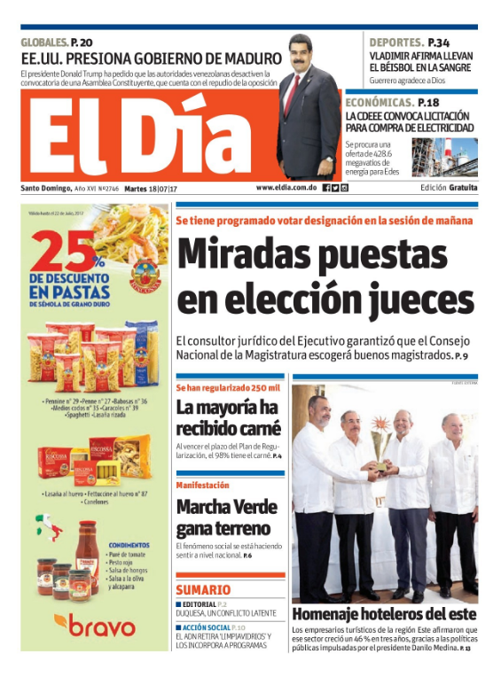 Portada El Día, Martes 18 de Julio 2017