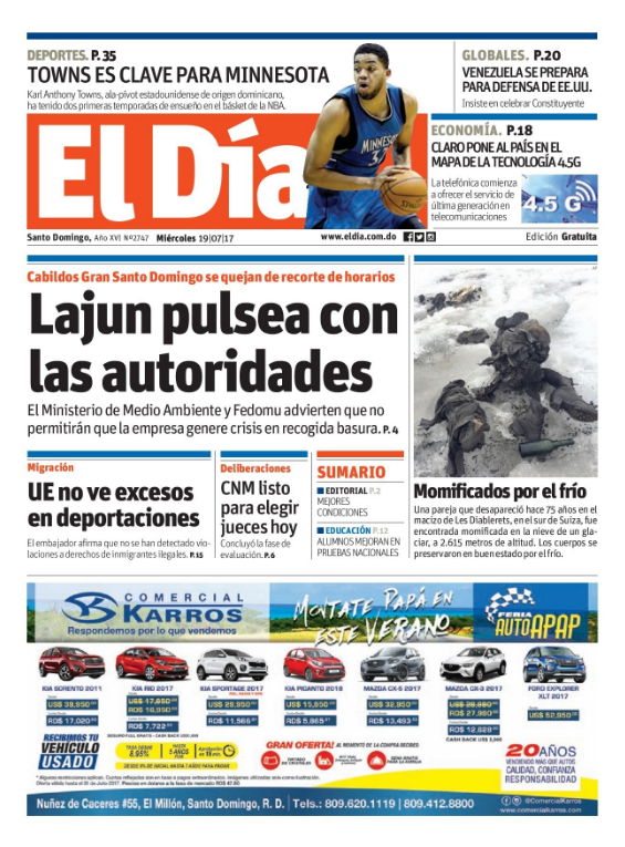Portada El Día, Miércoles 19 de Julio 2017