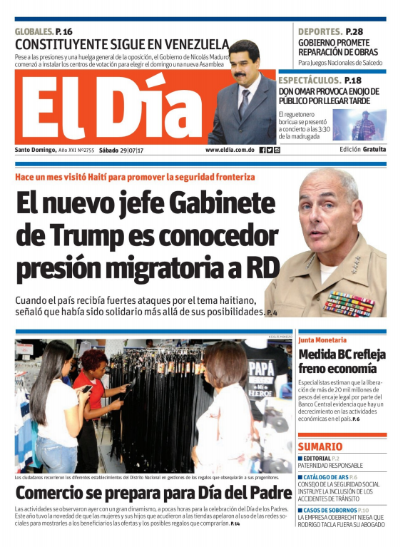 Portada El Día, Sábado 29 de Julio 2017