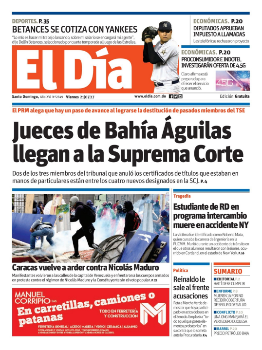 Portada El Día, Viernes 21 de Julio 2017