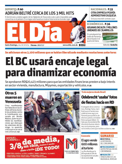 Portada El Día, Viernes 28 de Julio 2017