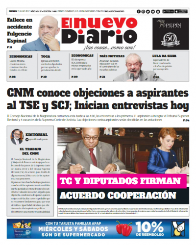 Portada El Nuevo Diario, Jueves 13 de Julio 2017