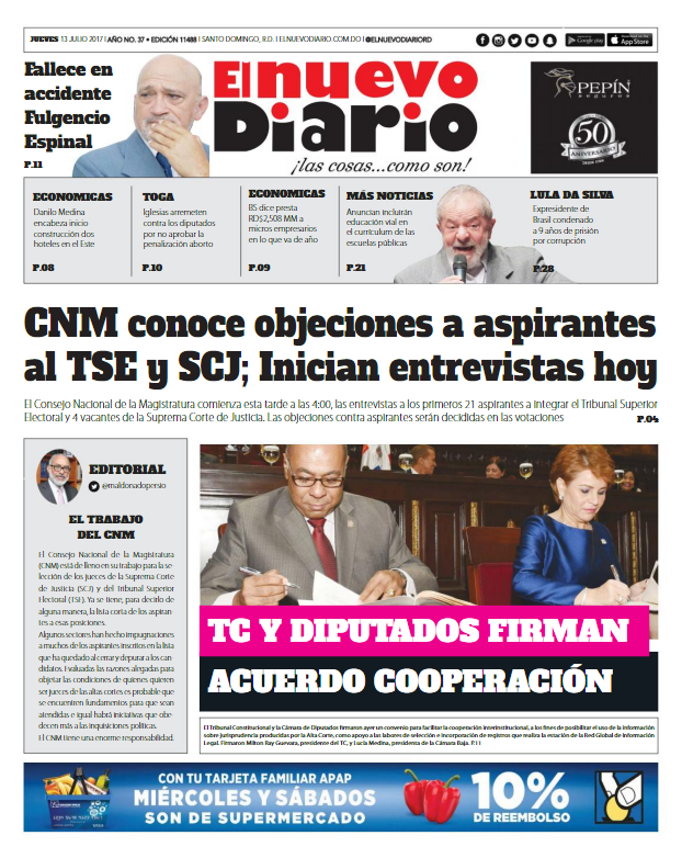 Portada El Nuevo Diario, Jueves 13 de Julio 2017