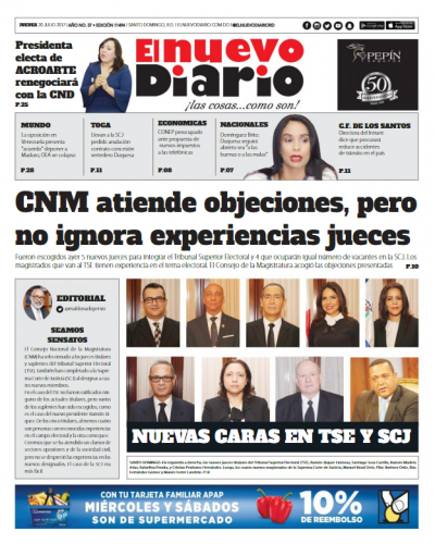Portada El Nuevo Diario, Jueves 20 de Julio 2017