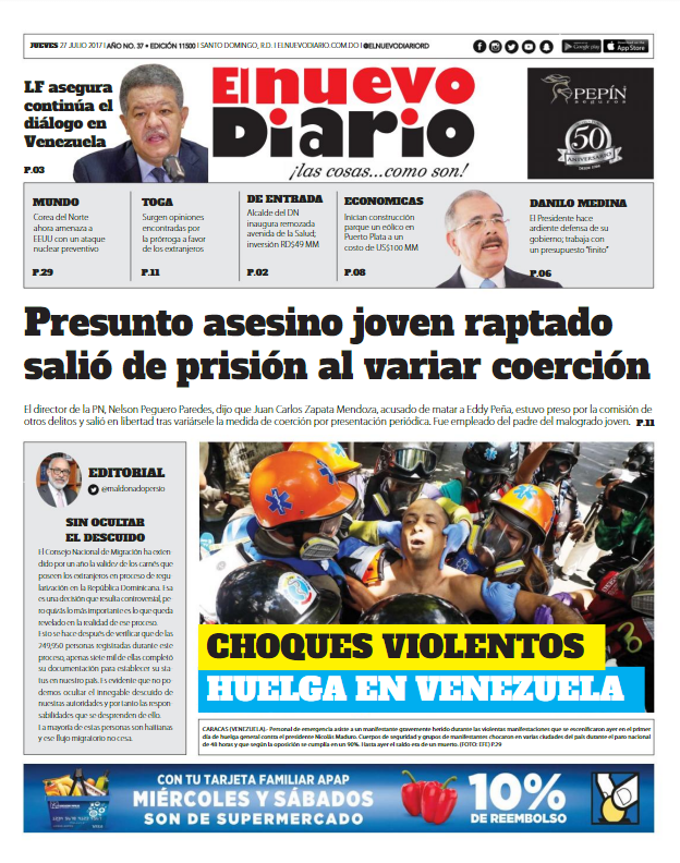 Portada El Nuevo Diario, Jueves 27 de Julio 2017