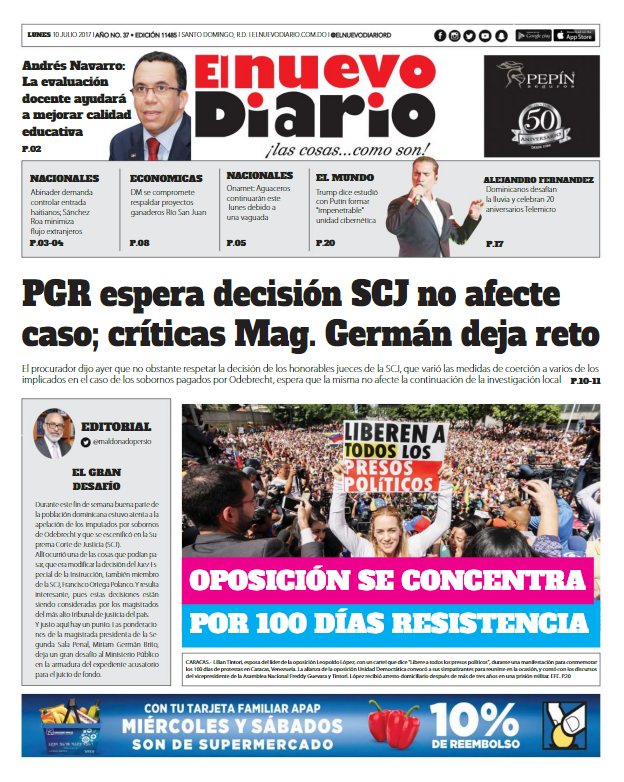 Portada El Nuevo Diario, Lunes 10 de Julio del 2017