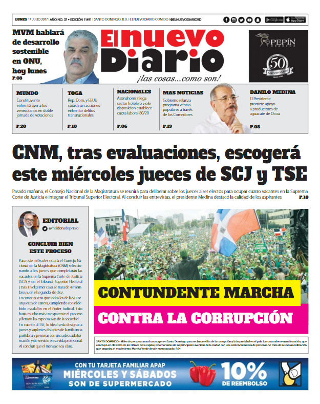 Portada El Nuevo Diario, Lunes 17 de Julio 2017