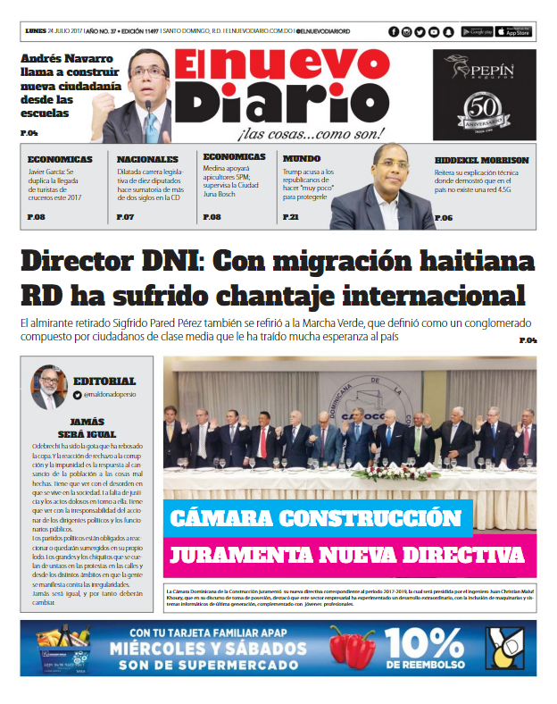 Portada El Nuevo Diario, Lunes 24 de Julio 2017