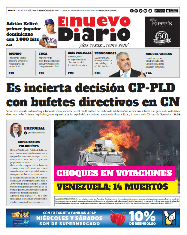 Portada El Nuevo Diario, Lunes 31 de Julio 2017