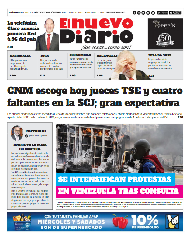 Portada El Nuevo Diario, Miércoles 19 de Julio 2017