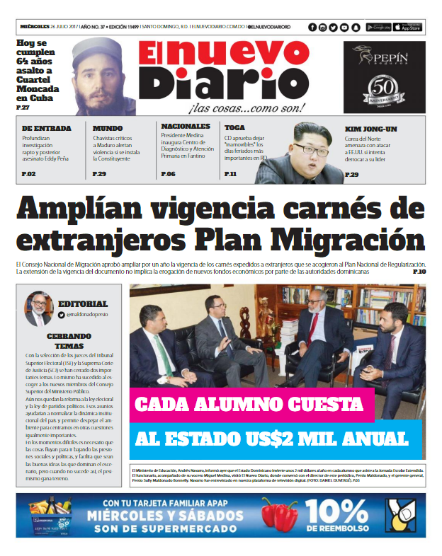 Portada El Nuevo Diario, Miércoles 26 de Julio 2017