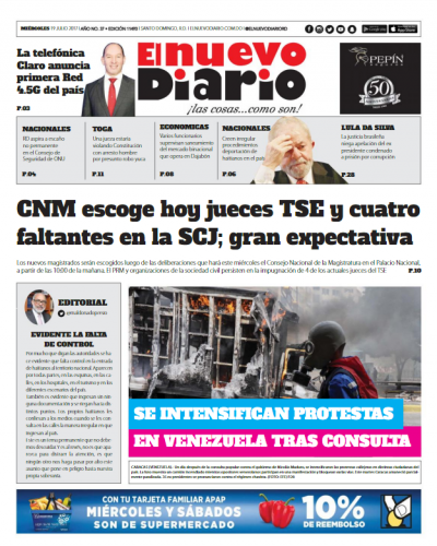Portada El Nuevo Diario, Miércoles 19 de Julio 2017
