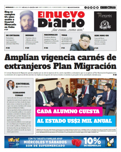 Portada El Nuevo Diario, Miércoles 26 de Julio 2017