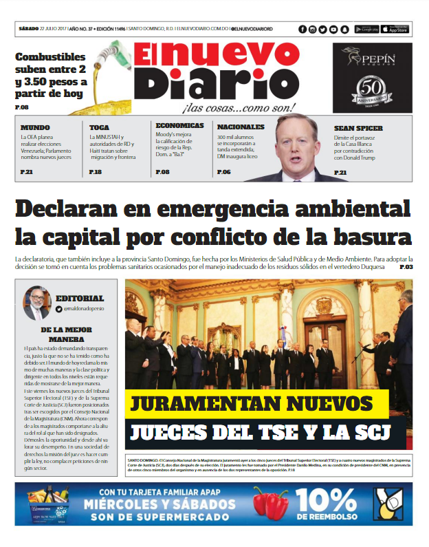 Portada El Nuevo Diario, Sábado 22 de Julio 2017