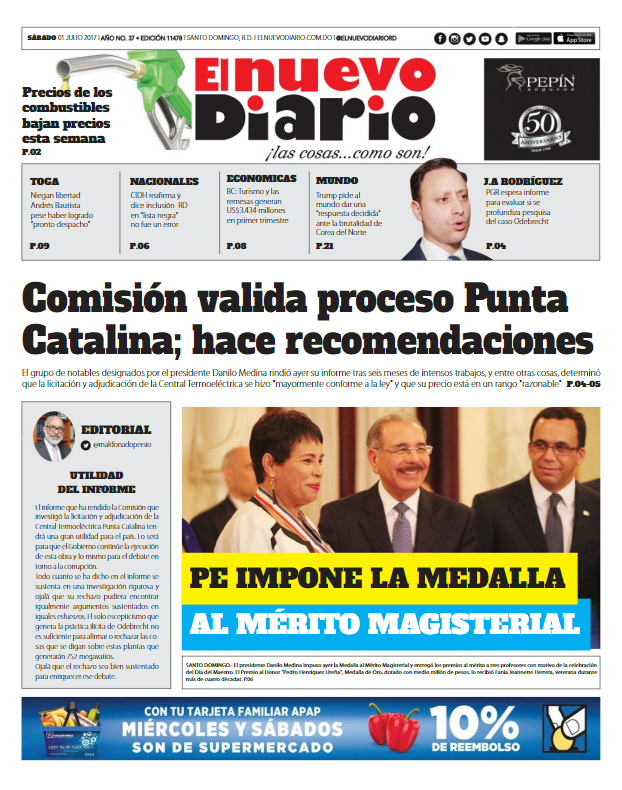 Portada El Nuevo Diario, Sábado 01 de Julio del 2017