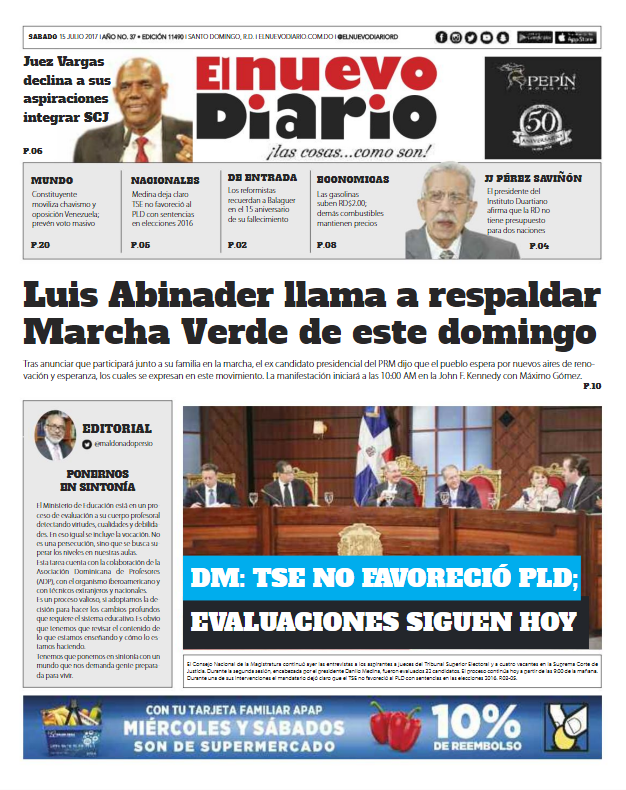Portada El Nuevo Diario, Sábado 15 de Julio 2017
