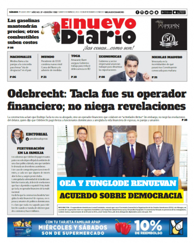 Portada El Nuevo Diario, Sábado 29 de Julio 2017