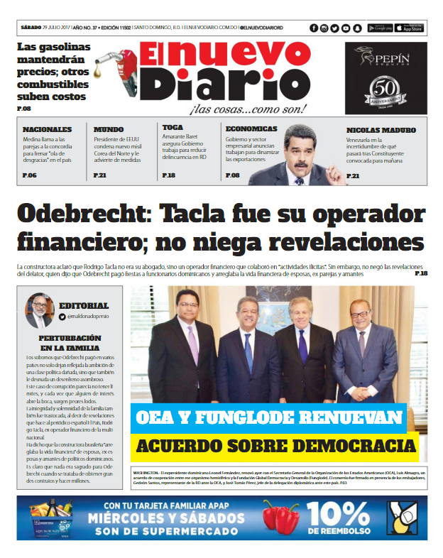 Portada El Nuevo Diario, Sábado 29 de Julio 2017