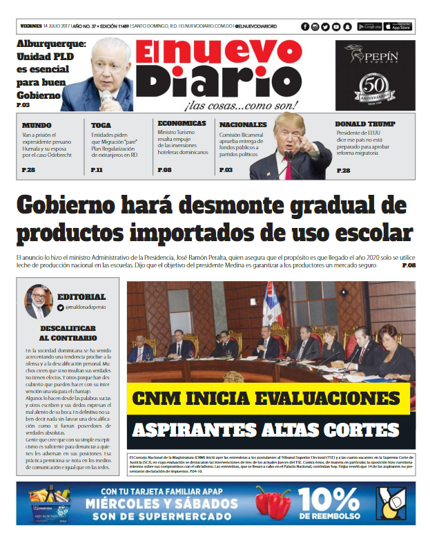 Portada El Nuevo Diario, Viernes 14 de Julio del 2017