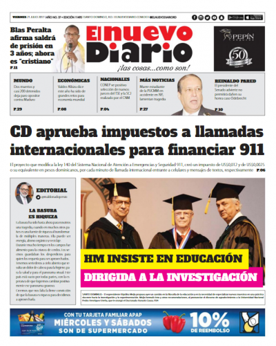 Portada El Nuevo Diario, Viernes 21 de Julio 2017
