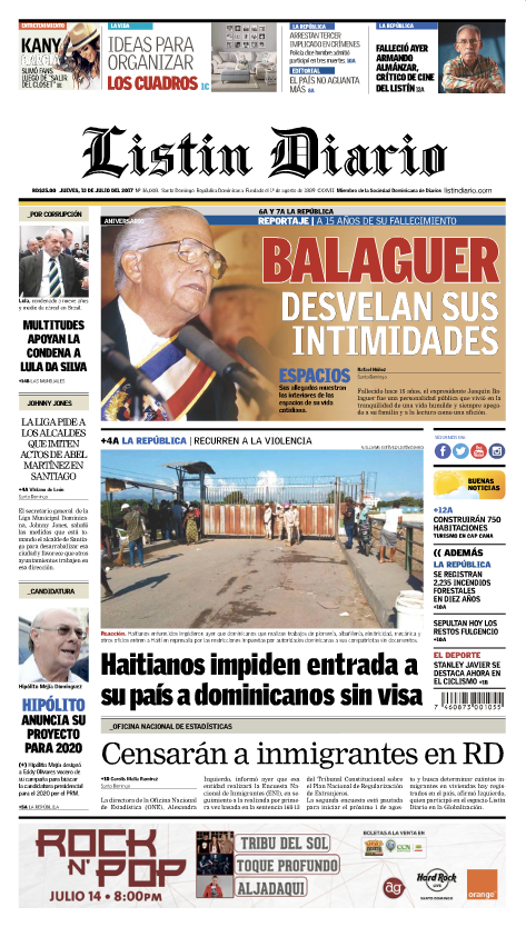 Portada Listín Diario, Jueves 13 de Julio 2017