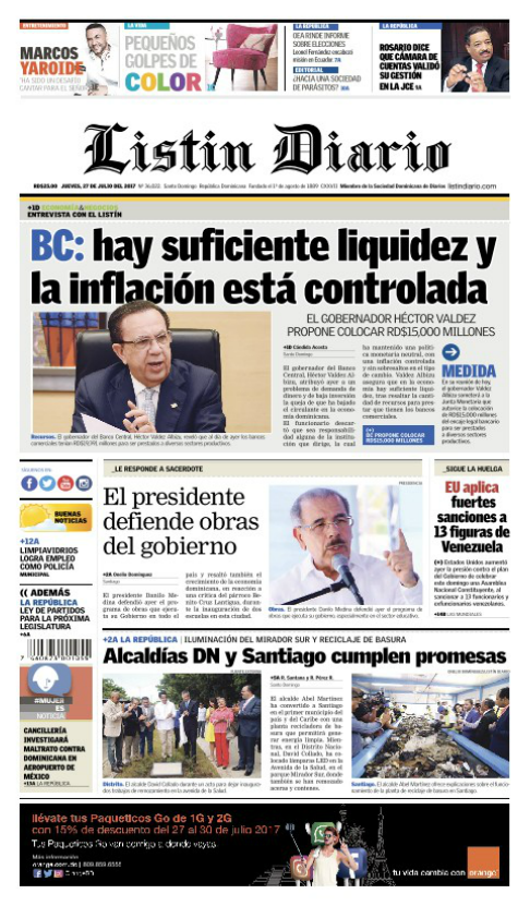 Portada Listín Diario, Jueves 27 de Julio 2017