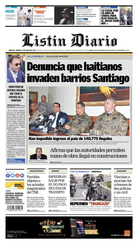 Portada Listín Diario, Martes 11 de Julio del 2017