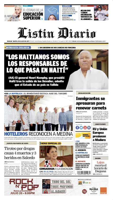 Portada Listín Diario, Martes 18 de Julio 2017