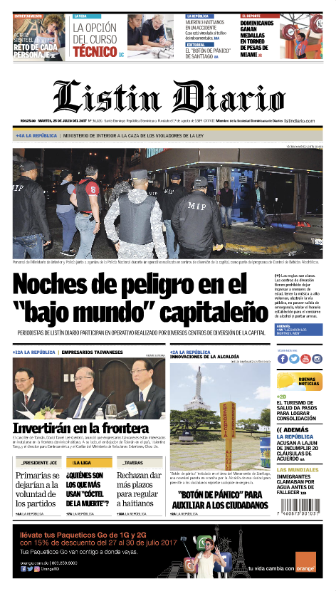 Portada Listín Diario, Martes 25 de Julio 2017