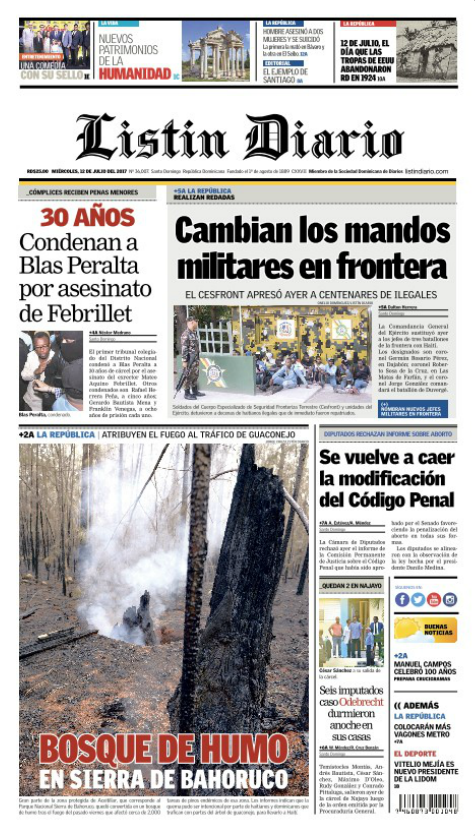 Portada Listín Diario, Miércoles 12 de Julio del 2017