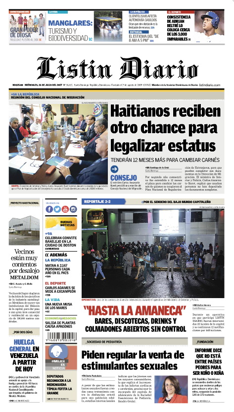 Portada Listín Diario, Miércoles 26 de Julio 2017