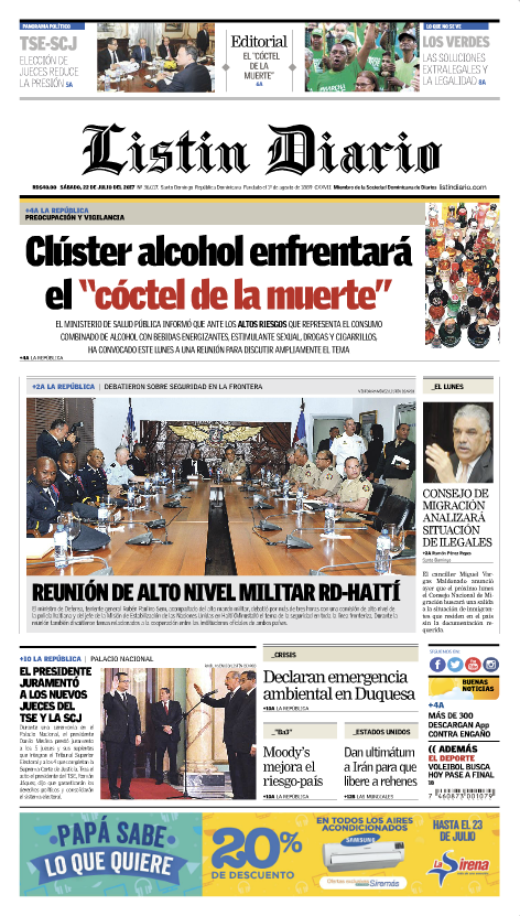 Portada Listín Diario, Sábado 22 de Julio 2017