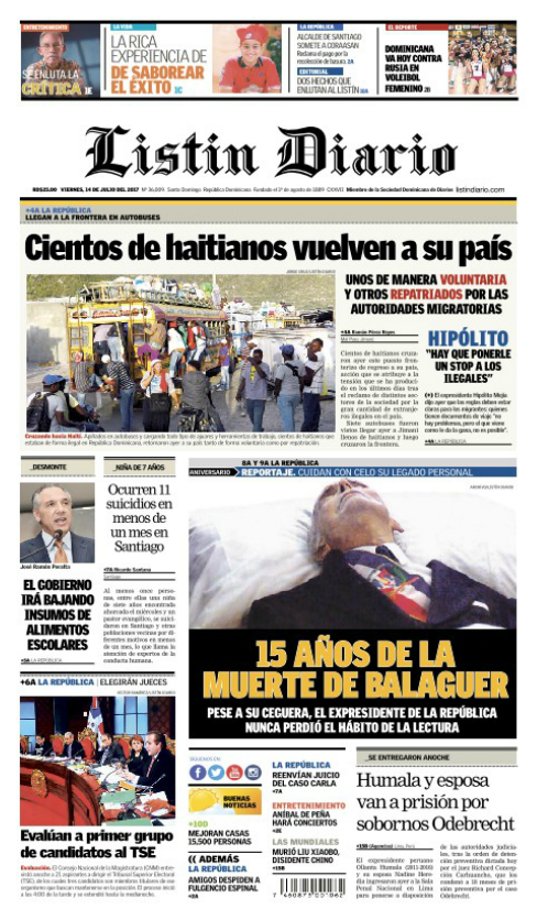Portada Listín Diario, Viernes 14 de Julio del 2017