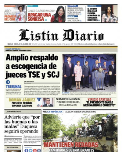 Portada Listín Diario, Jueves 20 de Julio 2017