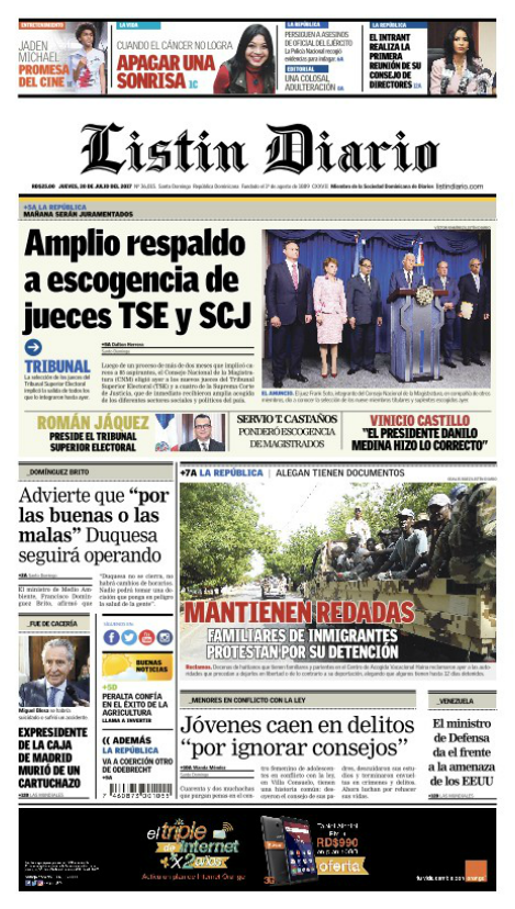 Portada Listín Diario, Jueves 20 de Julio 2017