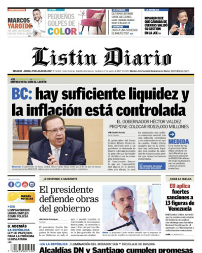 Portada Listín Diario, Jueves 27 de Julio 2017