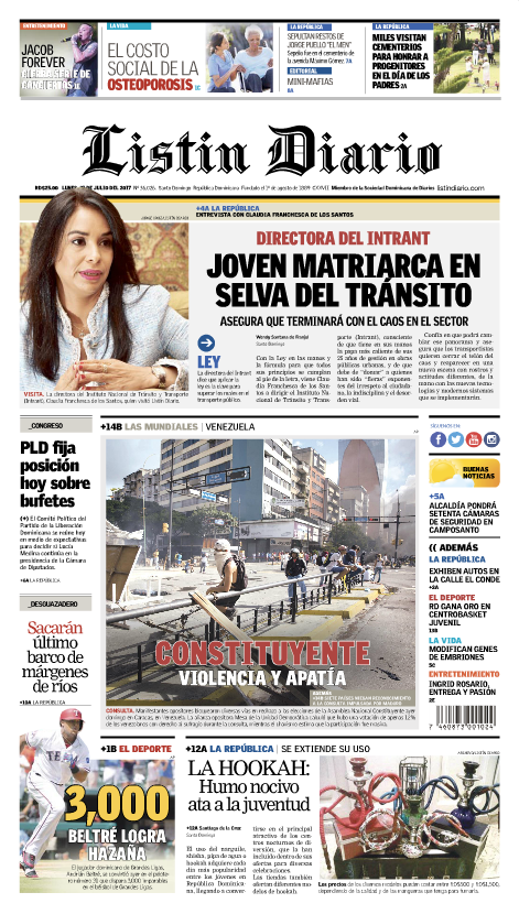 Portada Listín Diario, Lunes 31 de Julio 2017