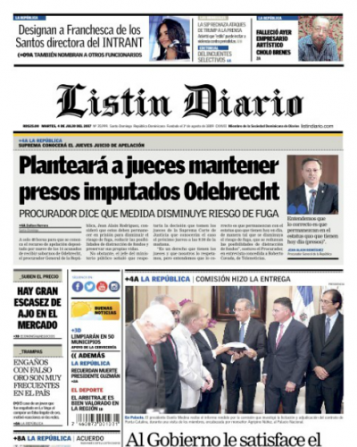 Portada Listín Diario, Martes 04 de Julio del 2017