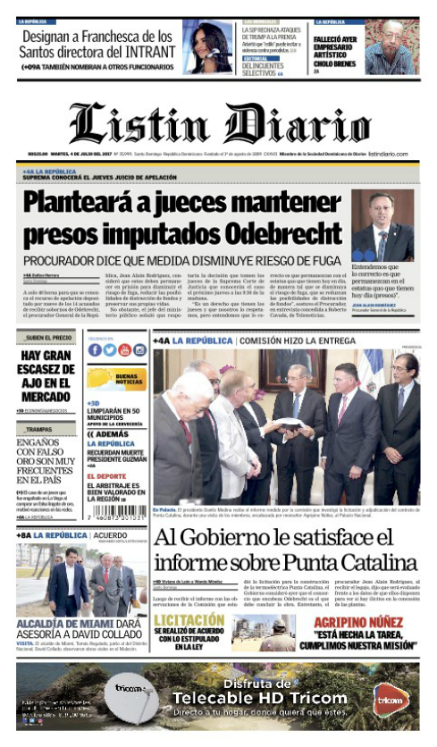 Portada Listín Diario, Martes 04 de Julio del 2017