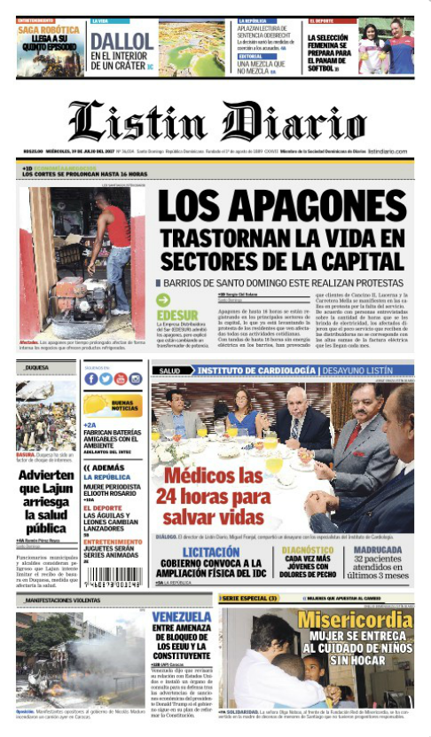 Portada Listín Diario, Miércoles 19 de Julio 2017