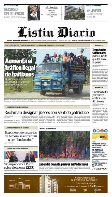 Portada Listín Diario, Sábado 08 de Julio del 2017