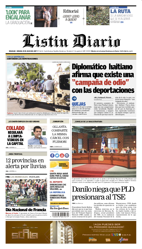 Portada Listín Diario, Sábado 15 de Julio 2017