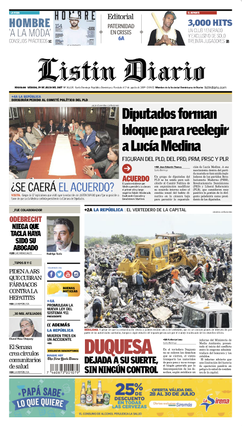 Portada Listín Diario, Sábado 29 de Julio 2017