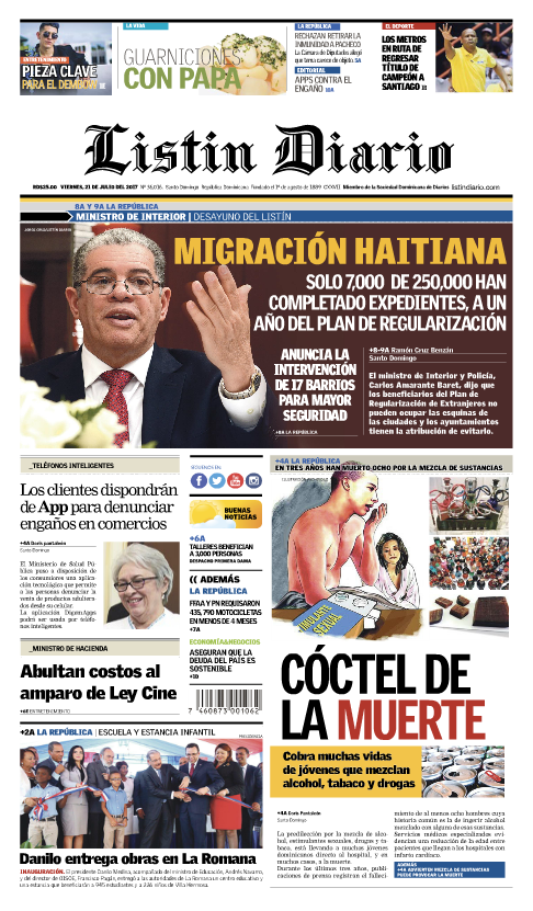 Portada Listín Diario, Viernes 21 de Julio 2017