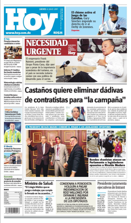 Portada Periódico Hoy, Jueves 06 de Julio del 2017