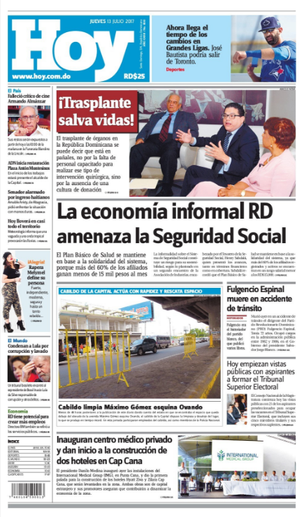 Portada Periódico Hoy, Jueves 13 de Julio 2017