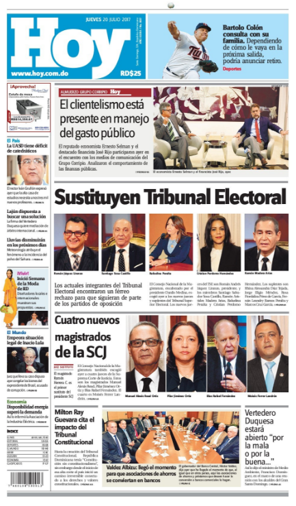 Portada Periódico Hoy, Jueves 20 de Julio 2017