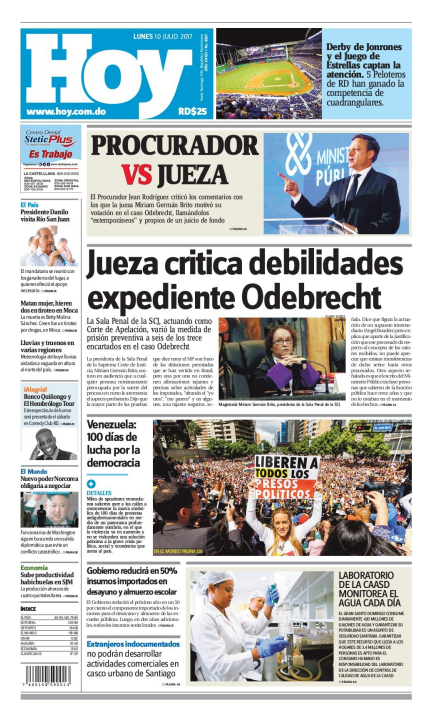 Portada Periódico Hoy, Lunes 10 de Julio del 2017