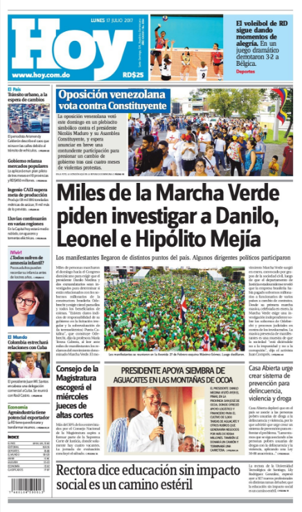 Portada Periódico Hoy, Lunes 17 de Julio 2017